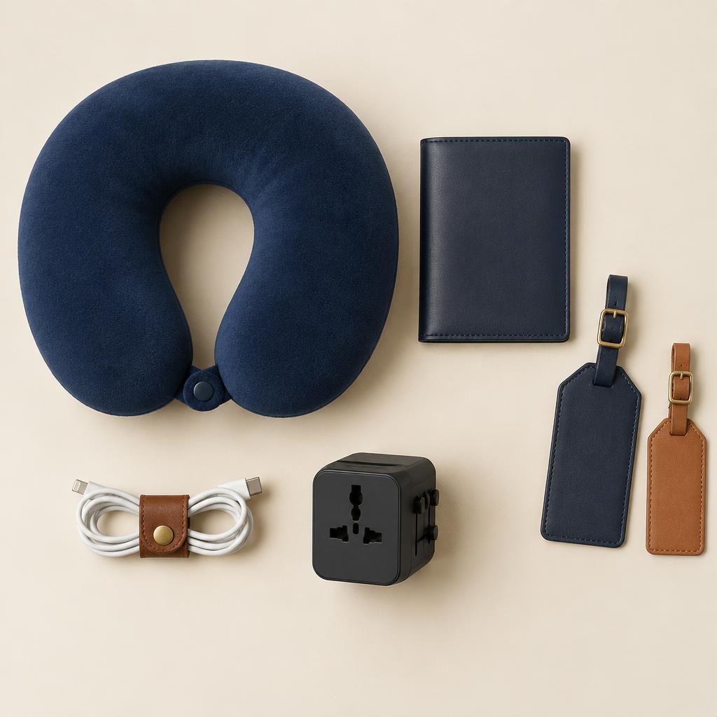 Unbranded travel pillow, passport holder, luggage tags, cable wrap and plug adapter