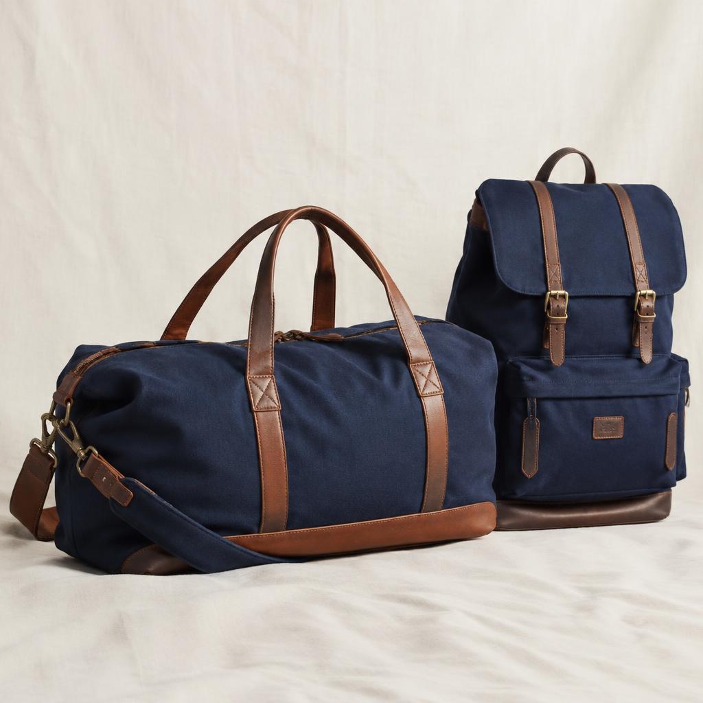 Unbranded navy canvas weekender duffel and backpack with leather trim