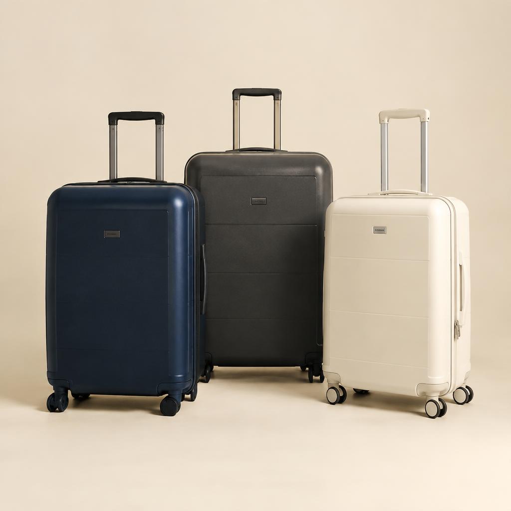 Three unbranded spinner suitcases in navy, charcoal and ivory